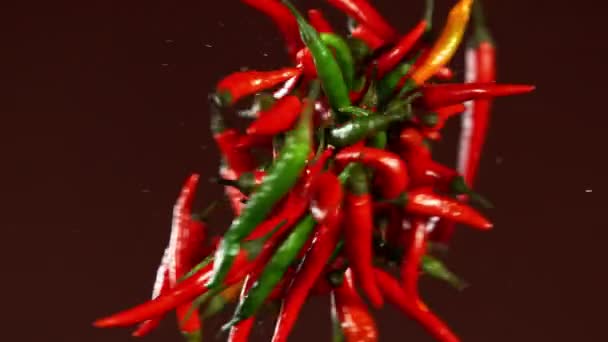 Super Slow Motion Färgade Chilipeppar Kollision Röd Bakgrund Inspelning Höghastighetsbio — Stockvideo