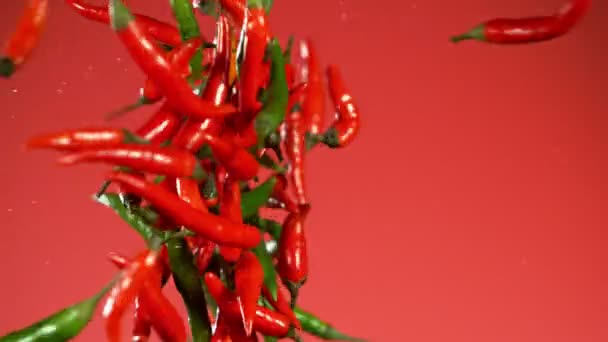 Super Powolny Ruch Kolorowej Papryki Chili Kolizji Czerwone Tło Nagrywane — Wideo stockowe