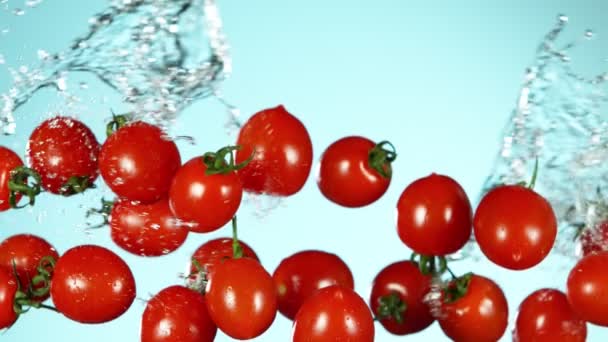 Superzeitlupe Fallender Tomaten Mit Wasserspritzern Gefilmt Mit High Speed Kinokamera — Stockvideo
