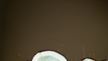 Çok yavaş hareket eden hindistan cevizi parçaları havada suyla birlikte uçuyor. Yüksek hızlı sinema kamerası, 1000 fps..