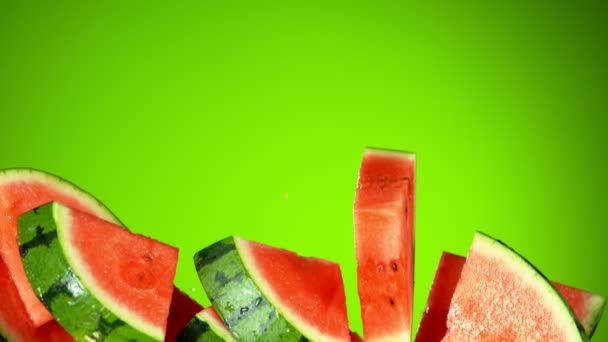 Super Slow Motion Water Melon Pieces Flying Air Water Splashes — Stock Video