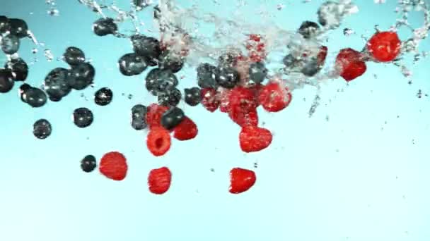 Mouvement lent des framboises et des bleuets volant dans l'air, éclaboussures d'eau. Filmé sur caméra de cinéma à grande vitesse, 1000 images par seconde.