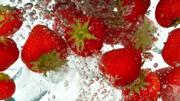 Super Cámara Lenta Caída Fresas Cubitos Hielo Agua Blanco Filmado — Vídeo de stock