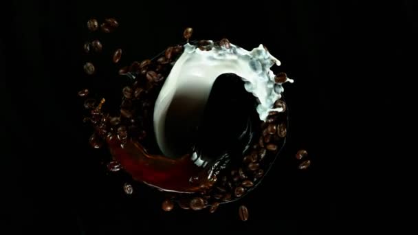 Σούπερ Αργή Κίνηση Των Περιστρεφόμενων Κόκκων Καφέ Πιτσιλιές Μαύρο Φόντο — Αρχείο Βίντεο