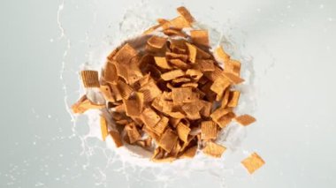 Mısır gevreği parçalarını beyazın üzerine süt damlatarak döndürmek çok yavaş bir hareket. Yüksek hızlı sinema kamerası, 1000fps.