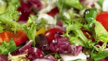 Kameralı taze salatanın süper yavaş çekimine yakın çekim. Yüksek hızlı sinema kamerası, 1000fps.