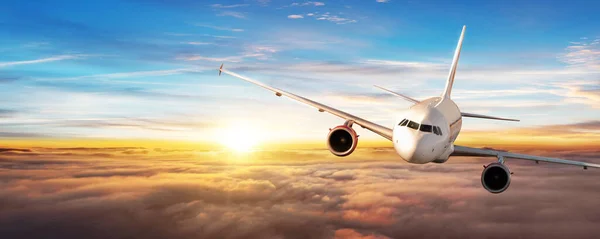 Commercial Airplane Flying Clouds Beautiful Sunset Ligt Panoramic View — Stock Photo, Image