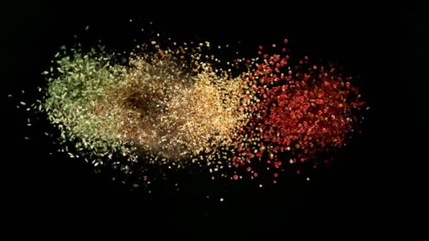 Super Slow Motion Flying Spices Mix Black Background Filmed High — Stock Video