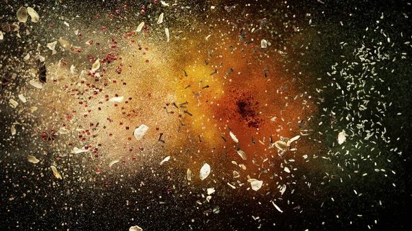 Freeze Motion Various Spice Explosion Abstract Culinary Background Isolated Black — Stock Photo, Image