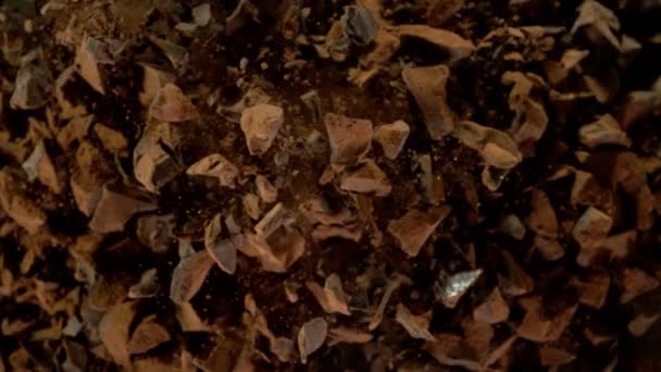 Super Slow Motion Flygande Grupp Choklad Bitar Med Kakaopulver Inspelning — Stockvideo