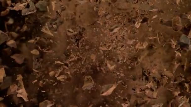 Super Zpomalený Pohyb Létající Skupiny Surových Čokoládových Kousků Kakaovým Práškem — Stock video