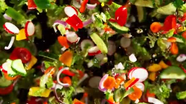 Mouvement Super Lent Divers Légumes Explosant Dans Air Filmé Sur — Video