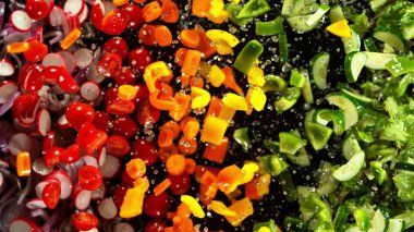 Siyah arka planda izole edilmiş taze sebze karışımının dondurucu hareketi