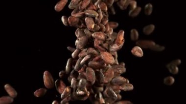 Kavrulmuş kakao çekirdeklerini çok yavaş hareket ettiriyor. Siyah arka planda. Yüksek hızlı sinema kamerası, 1000fps.
