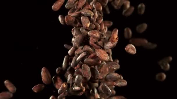 Super Cámara Lenta Cacao Tostado Volando Frijoles Colisión Fondo Negro — Vídeo de stock
