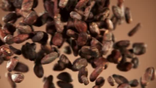 Super Slow Motion Flying Roasted Cocoa Beans Collision Filmado Cámara — Vídeo de stock