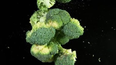 Çok yavaş hareket eden brokoli parçaları havada suyla birlikte uçuyor. Yüksek hızlı sinema kamerası, 1000 fps..