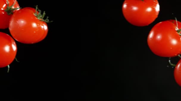 Superzeitlupe Von Tomaten Die Mit Wasserspritzern Die Luft Fliegen Gefilmt — Stockvideo