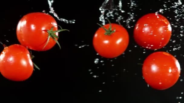 Super Powolny Ruch Pomidorów Unoszących Się Powietrzu Rozpryskami Wody Nagrywane — Wideo stockowe
