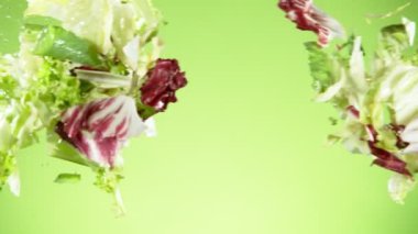 Karışık salatanın su sıçramalarıyla havada uçuşması çok yavaş bir hareket. Yüksek hızlı sinema kamerası, 1000 fps..