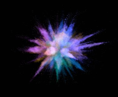 Siyah arkaplanda izole edilmiş renkli toz patlaması, soyut arkaplan
