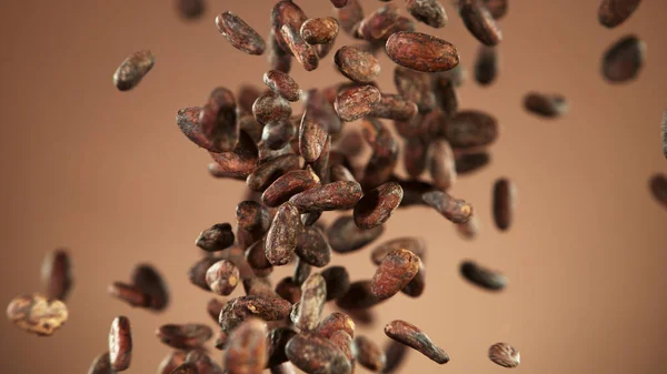 Kakaobönor Flyger Luften Frysen Rörelse Isolerad Brun Bakgrund — Stockfoto