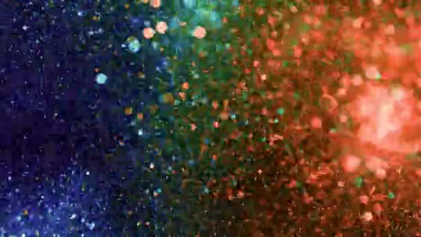 Movimento Super Lento Partículas Coloridas Brilhantes Sobre Fundo Preto Profundidade — Vídeo de Stock