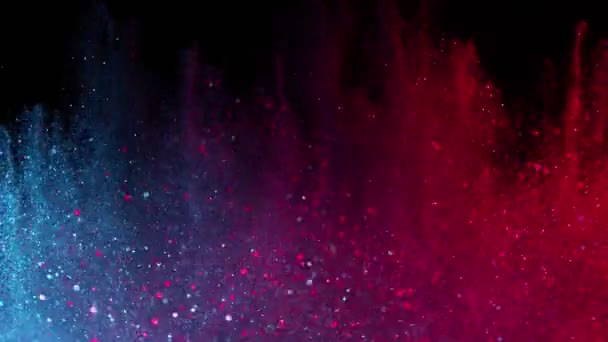 Super Slow Motion Glittering Coloured Particles Black Background Shallow Depth — Stock Video