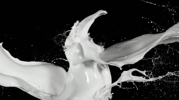 Сверхмедленное Движение Летящих Молочных Косточек Черном Фоне Снято Камеру Высокоскоростного — стоковое видео