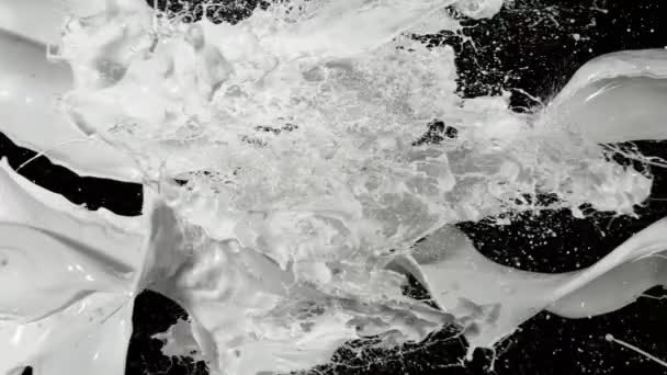 Super Slow Motion Flying Milk Splashes Black Background Filmed High — Stock Video