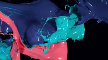 Siyah arka planda çok yavaş uçan soyut renkli sıçramalar. Yüksek hızlı sinema kamerası, 1000 fps..