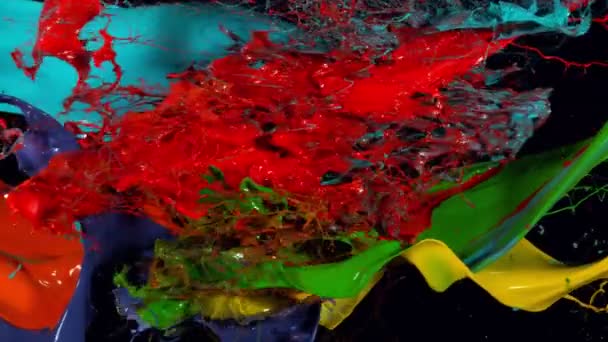 Super Slow Motion Abstract Colored Splashes Collision Black Background Filmed — Stock Video