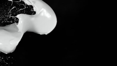 Uçan sütün süper yavaş çekimi siyah arka planda sıçrıyor. Yüksek hızlı sinema kamerası, 1000 fps..