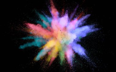 Renk spektrumlu renkli soyut toz arkaplanı, siyah arkaplanda izole.