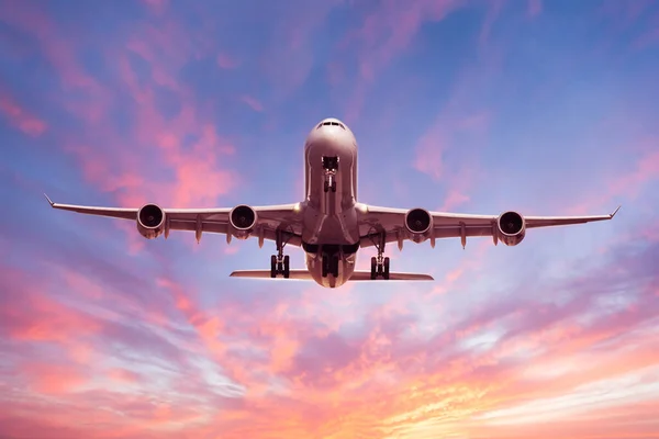 Hatalmas Kereskedelmi Repülőgépet Lőttek Alacsony Látószögből Gyönyörű Naplemente — Stock Fotó