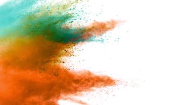 Beyaz zemin üzerinde izole edilmiş çok yavaş renkli toz çarpışması. Yüksek hızlı sinema kamerası, 1000fps.