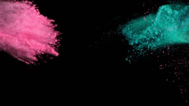 Beyaz zemin üzerinde izole edilmiş çok yavaş renkli toz çarpışması. Yüksek hızlı sinema kamerası, 1000fps.