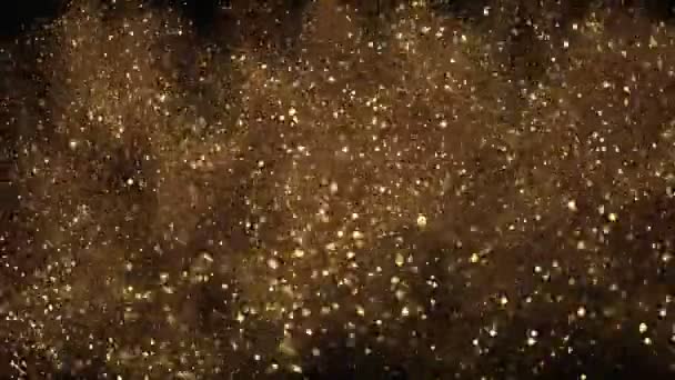 黒の背景に輝く黄金の粒子の超スローモーション 焦点の浅い深さ 高速フィルムカメラで撮影しました — ストック動画
