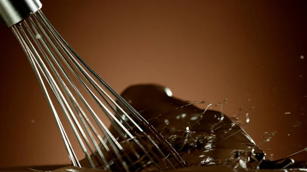 Freeze Motion Wire Whisk Rotating Hot Melted Chocolate Isolated Soft — Stock Photo, Image