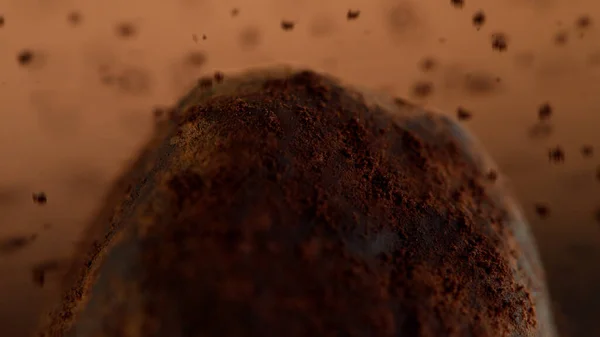 Dettaglio Pralina Con Polvere Cacao Cadente Sulla Parte Superiore Macro — Foto Stock
