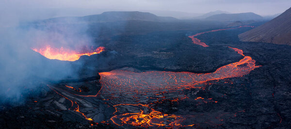 Beautiful aerial panoramatic view of active volcano, Litli - Hrutur, Iceland 2023