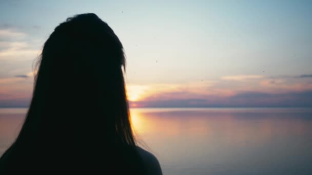 Hermosa mujer haciendo forma de corazón con las manos al atardecer Chica sosteniendo el gesto símbolo de amor con destello de sol naranja — Vídeos de Stock