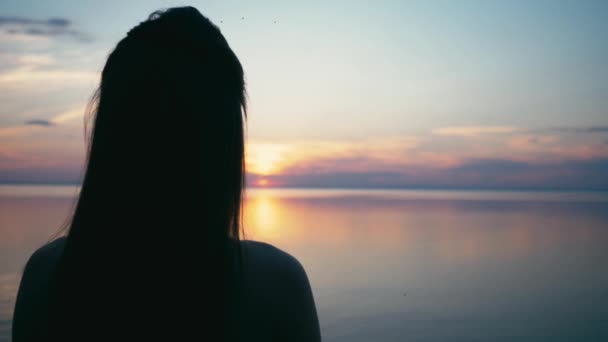 Beautiful Woman making heart shape with hands at sunset Girl holding up love symbol gesture with orange sun flare — Stock Video