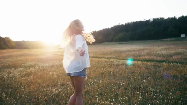 Bella ragazza sorridente sul campo di primavera. Prato. Ritratto di giovane donna ridente e felice modello con capelli lunghi e sani Godersi la natura. Bella giovane donna all'aperto — Video Stock