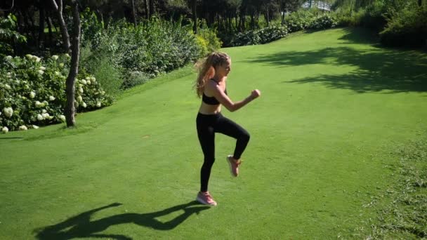 A mulher loira jovem com um número esbelto envolve-se na ginástica no parque público. Ela faz uma corrida no lugar de exercício de fitness. Movimento lento — Vídeo de Stock