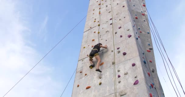 Femme grimpeuse de rocher faisant de l'exercice au mur extérieur de gymnase d'escalade — Video