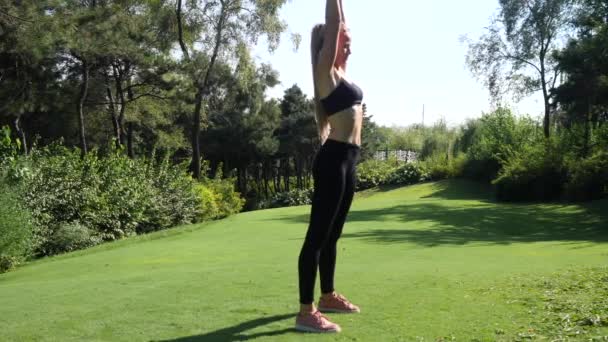 Mujer estirando el entrenamiento. Mujer fitness estiramiento antes del entrenamiento — Vídeos de Stock