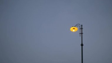 Gün batımında gökyüzü arka plan karşı bir sokak şehir ışık lamba. Boşaltmak metin