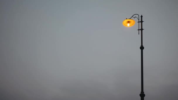 Una lámpara de luz de la ciudad de calle contra el fondo del cielo al atardecer. Texto del espacio de copia — Vídeo de stock