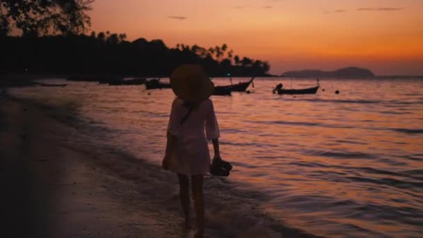 A lonely girl in hat is walking along island coastline. Tropical paradise beach at sunrise — Stock Video
